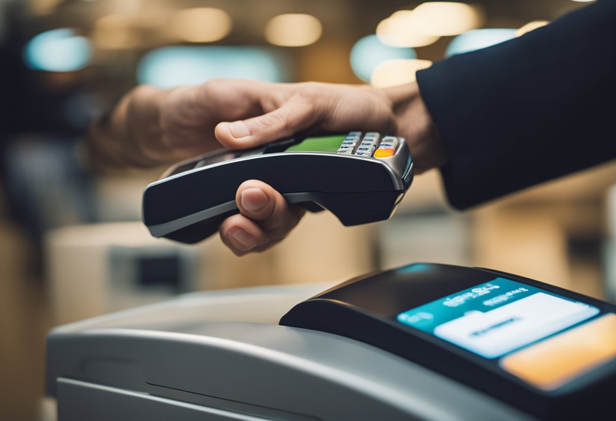 Uma mão se estendendo para inserir um cartão de crédito em um leitor de cartões em um terminal de pagamento
