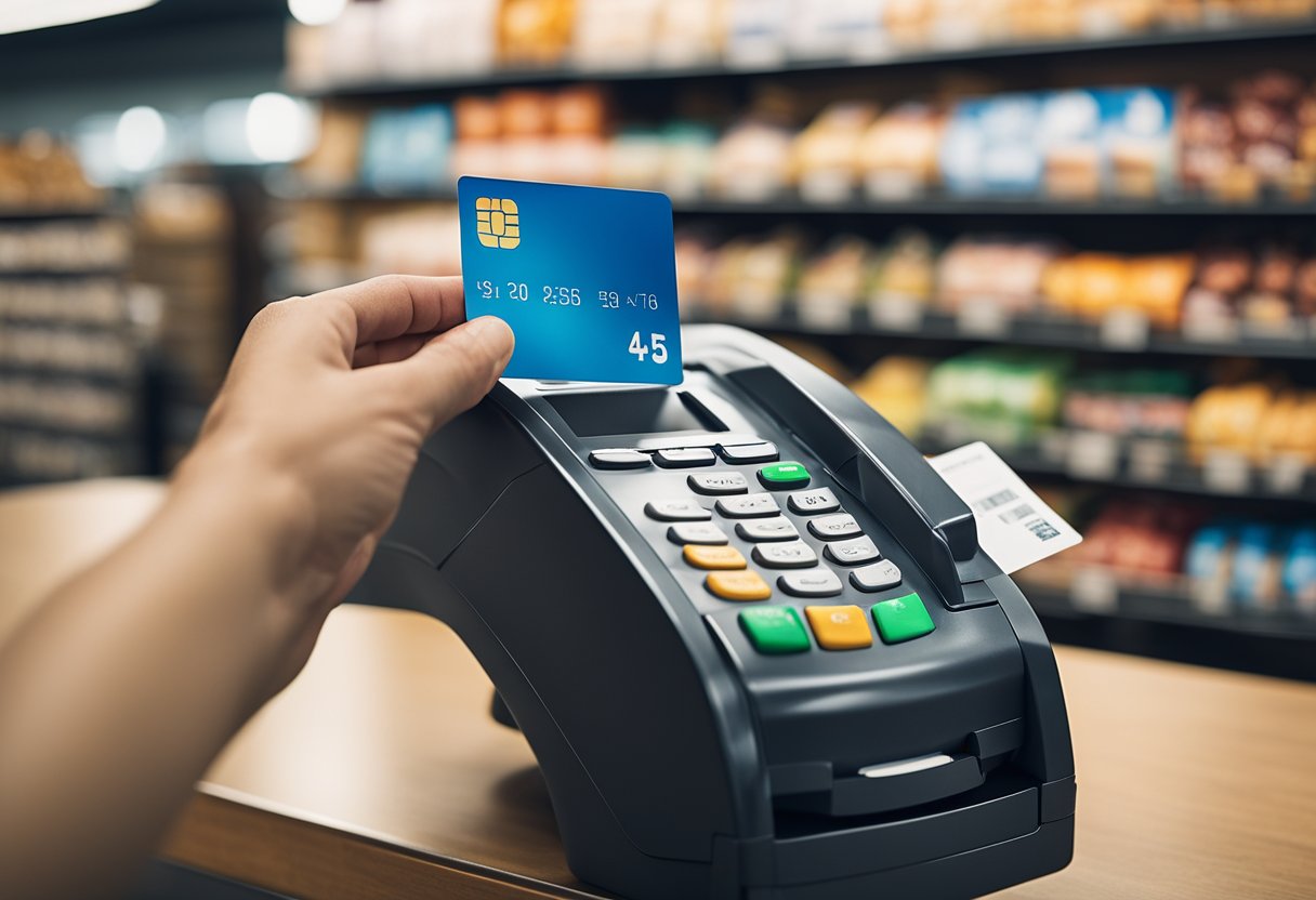 Uma mão alcançando um cartão do Pão de Açúcar em um balcão de checkout