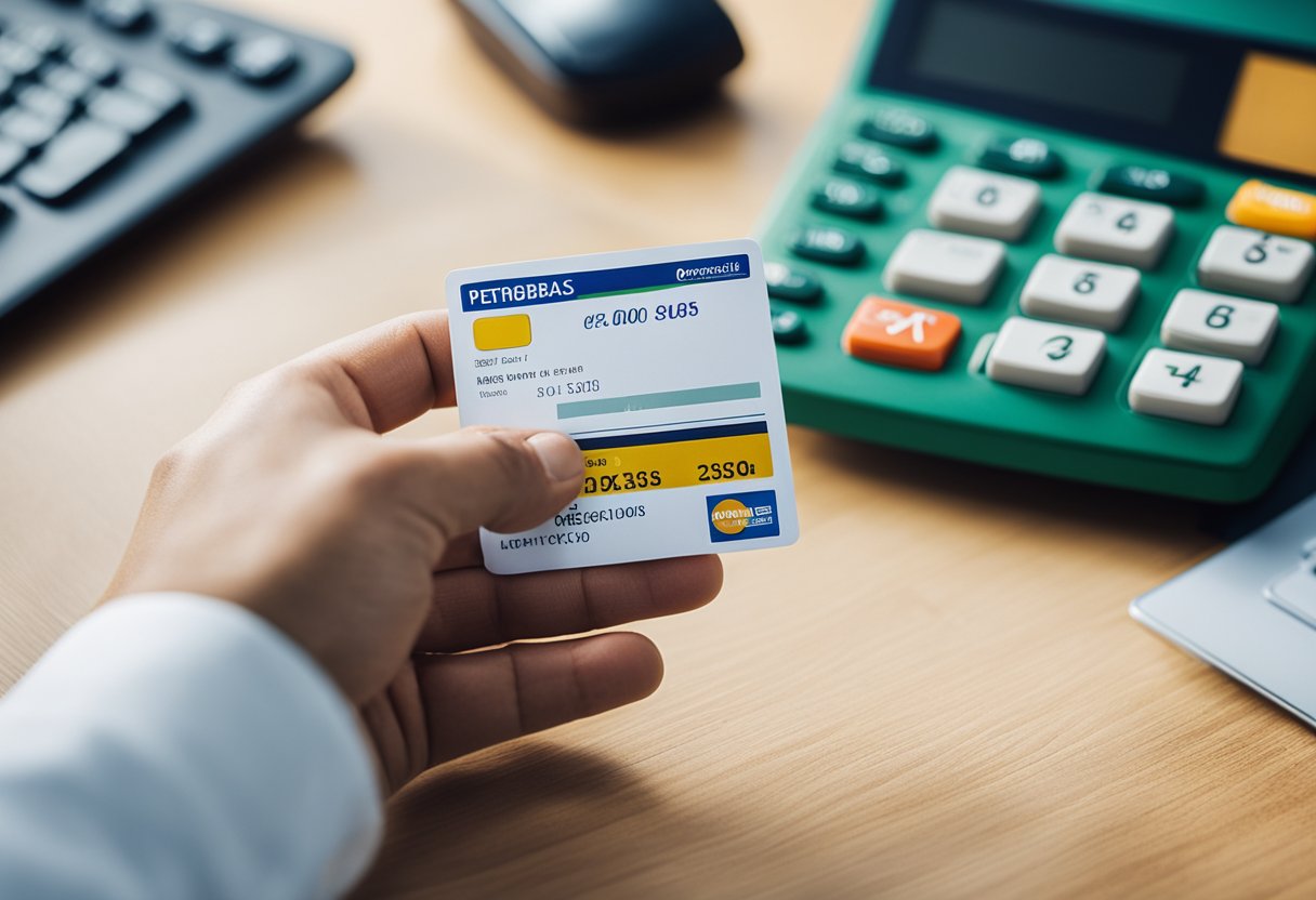 Uma pessoa segurando um cartão de crédito da Petrobras com um rótulo de "limite inicial", cercada por documentos financeiros e uma calculadora.