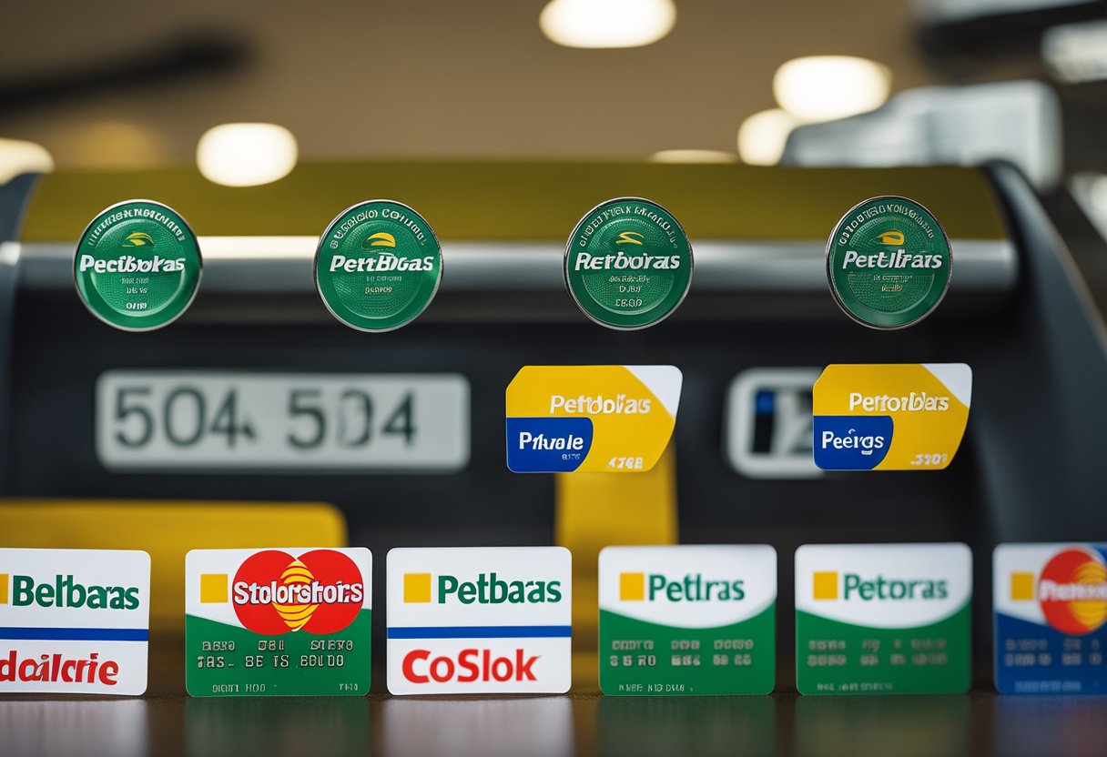 Um cartão de crédito da Petrobras cercado por bombas de combustível e um logo de posto de gasolina