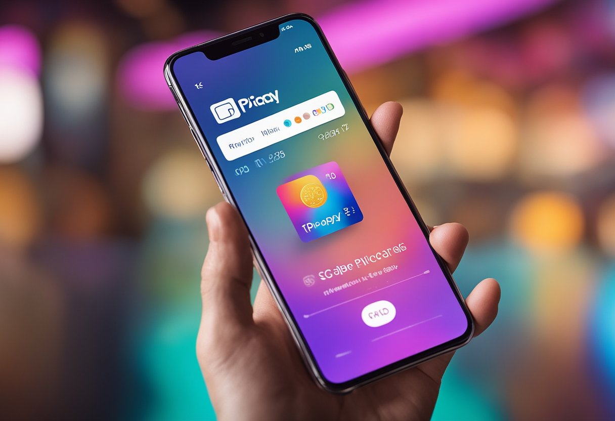 Uma mão segurando um smartphone com o aplicativo PicPay aberto, tocando na opção "Solicitar Cartão PicPay" com um fundo colorido