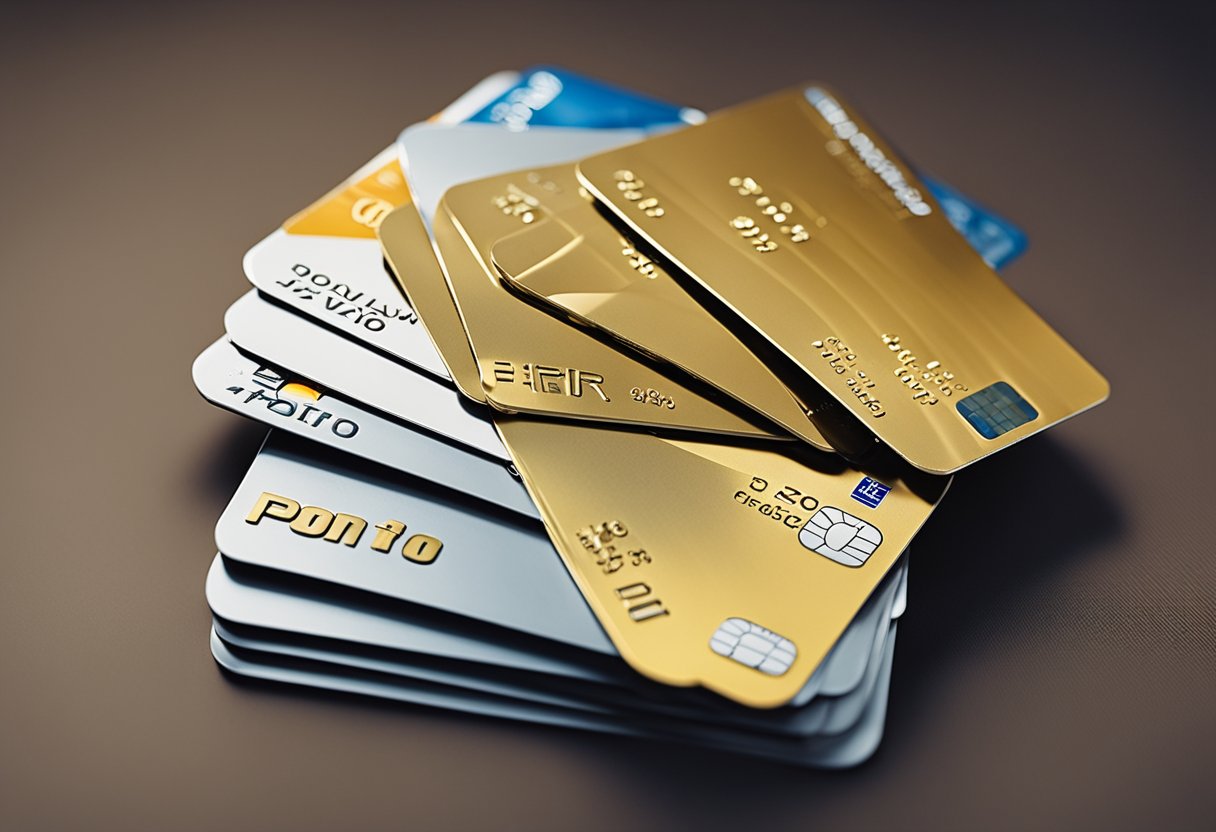 Uma pilha de cartões de crédito com o logo do "Ponto Frio" neles, colocada sobre uma superfície lisa
