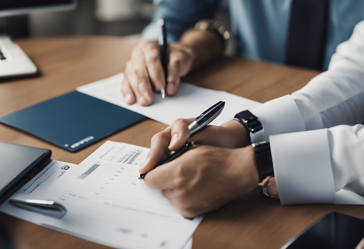 Um cliente preenchendo um pedido para um cartão de crédito Ponto Frio com um representante em uma mesa.