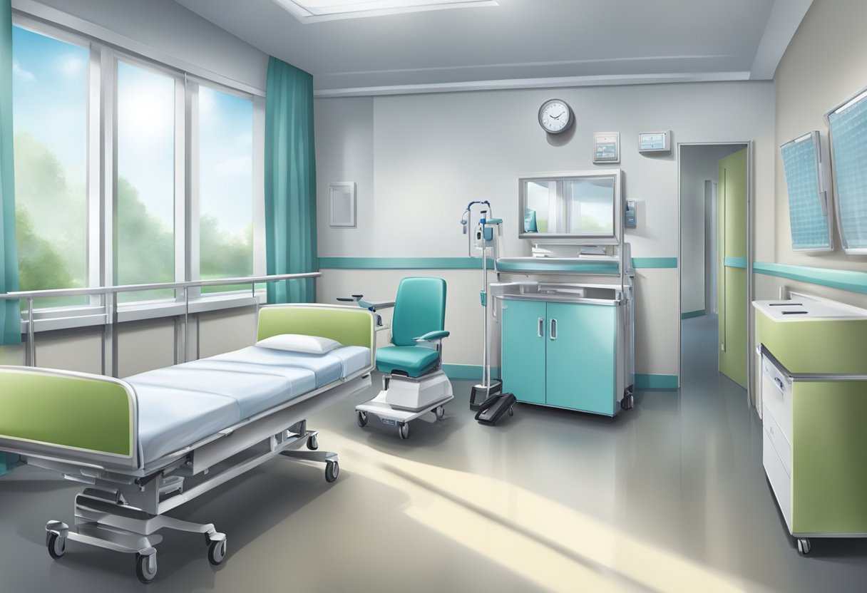 Um quarto de hospital sereno com um serviço de remoção privado transportando equipamentos médicos