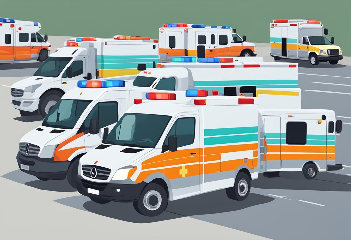 Uma frota de diferentes ambulâncias estacionadas em fila, prontas para o transporte de pacientes particulares
