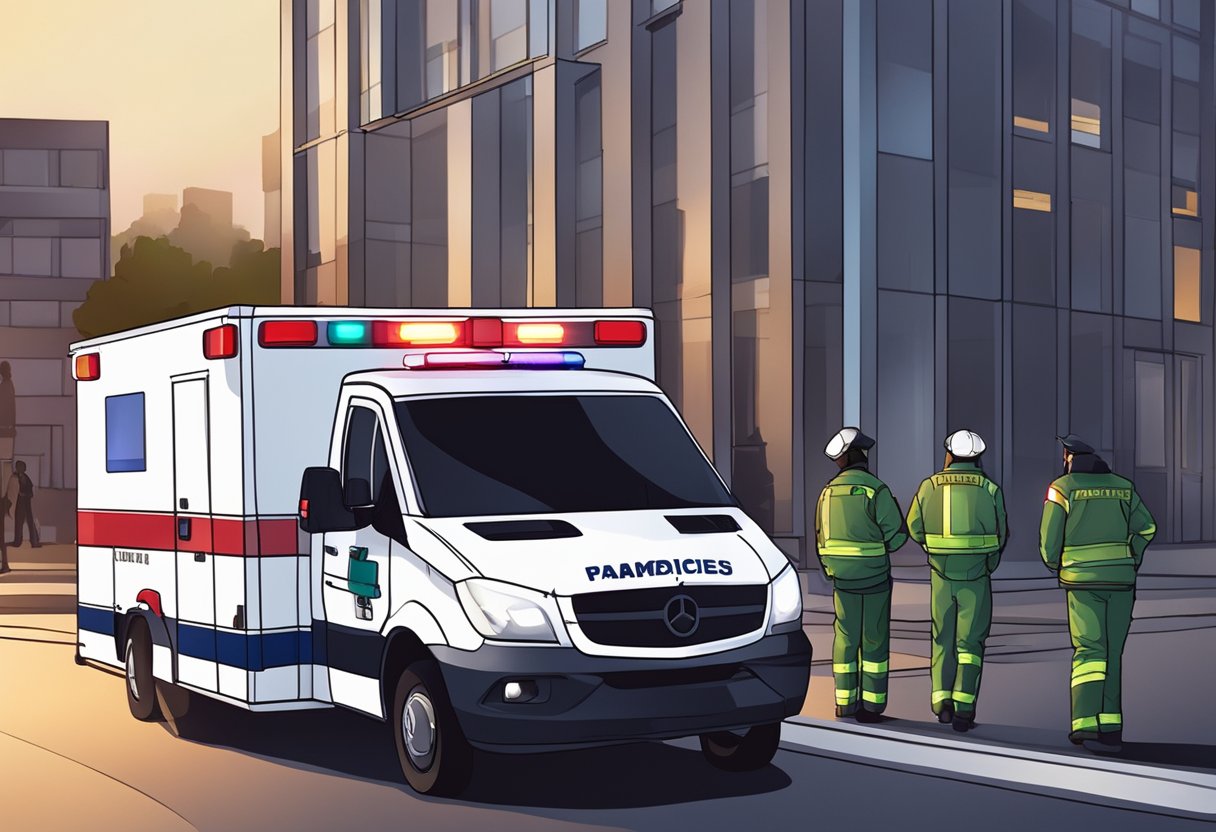 Uma ambulância particular estacionada do lado de fora de um prédio, com as luzes piscando e os paramédicos preparando uma maca para transporte.