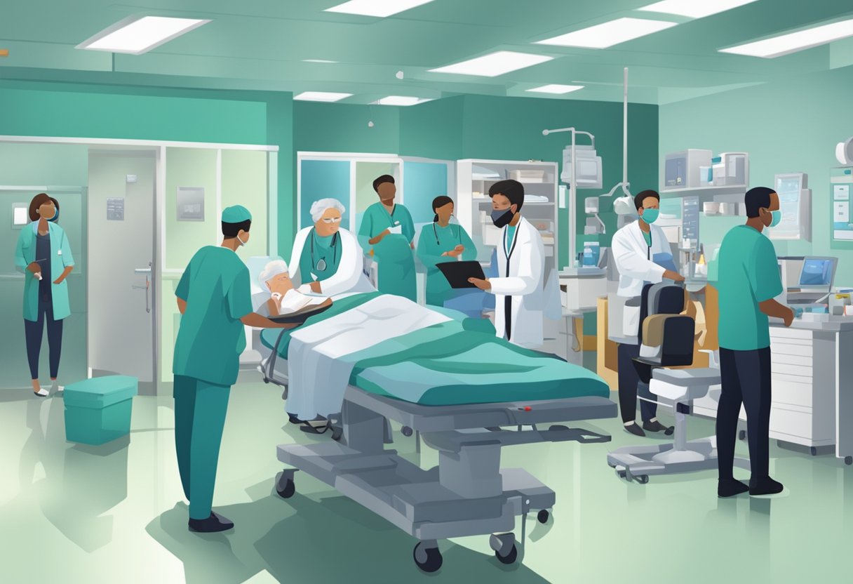Uma sala de emergência movimentada com profissionais de saúde atendendo pacientes e equipamentos espalhados.
