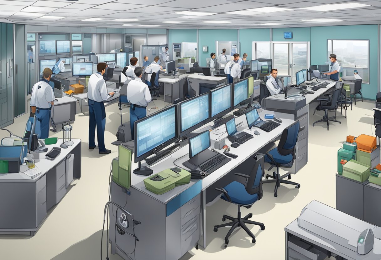 Um centro de resposta a emergências movimentado, com equipamentos médicos e equipe em ação