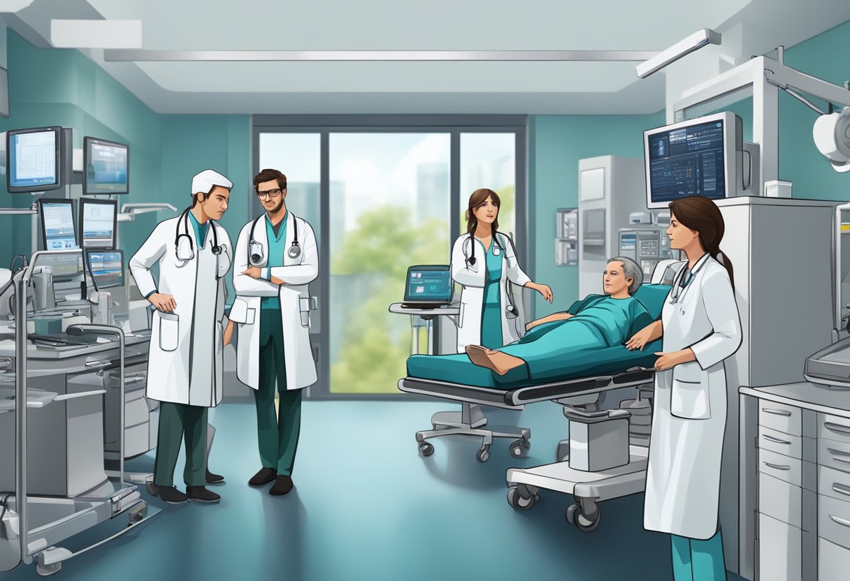 Um médico e uma enfermeira correm para ajudar um paciente em uma sala de emergência de hospital, cercados por equipamentos médicos e monitores.