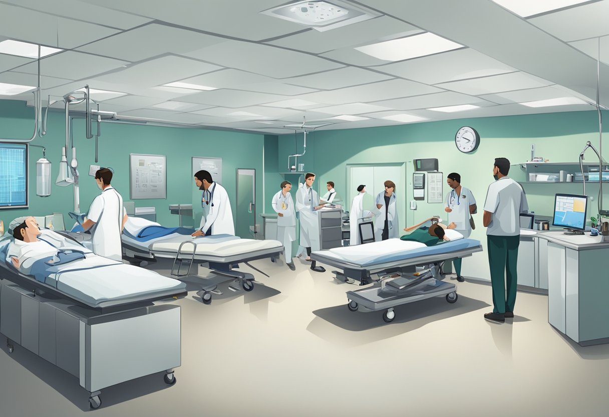 Uma sala de emergência movimentada com profissionais de saúde atendendo a casos urgentes específicos