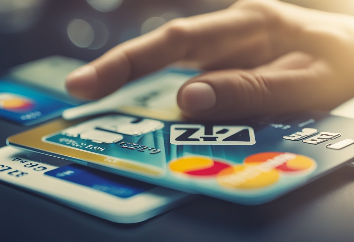 Uma mão alcançando um cartão de crédito com o número "z1" impresso nele