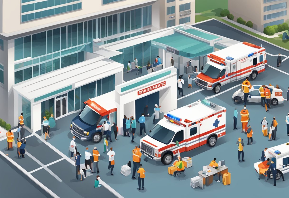 Um movimentado centro de serviços de emergência com ambulâncias, equipe médica e pacientes em busca de atendimento urgente
