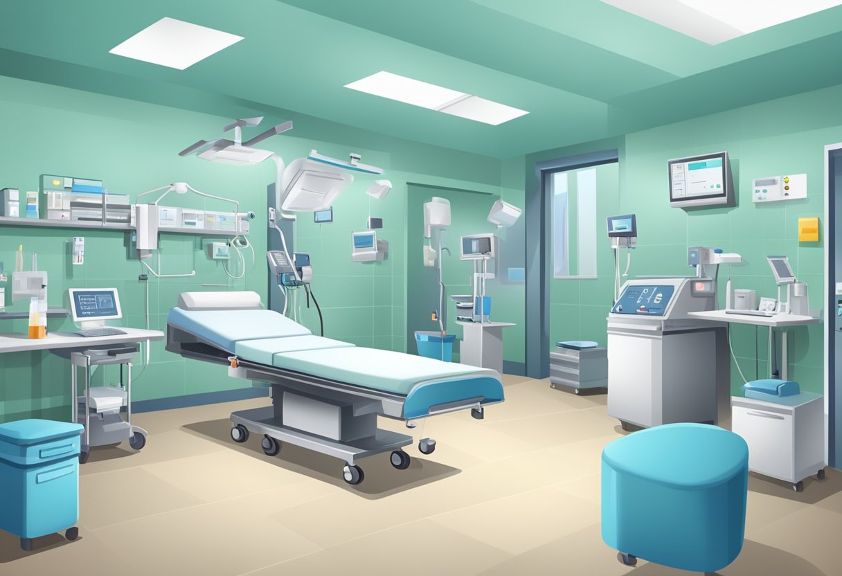 Uma sala de emergência hospitalar com equipamentos médicos e equipe