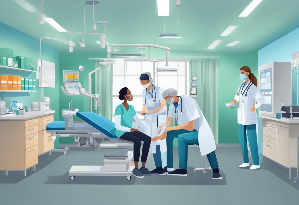 Um médico e um paciente em uma sala de emergência de hospital, cercados por equipamentos médicos e equipe