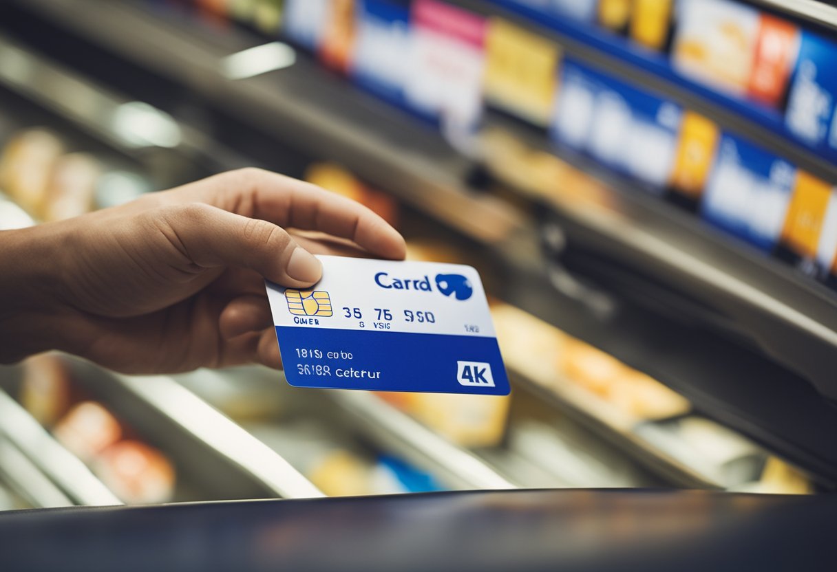 Uma mão passando um cartão Carrefour na caixa de uma loja