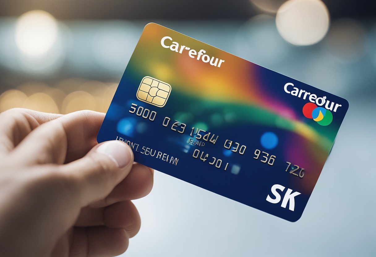 Uma mão segurando um cartão de crédito Carrefour com o conceito de "Conceitos Fundamentais do Cartão Carrefour" exibido na tela