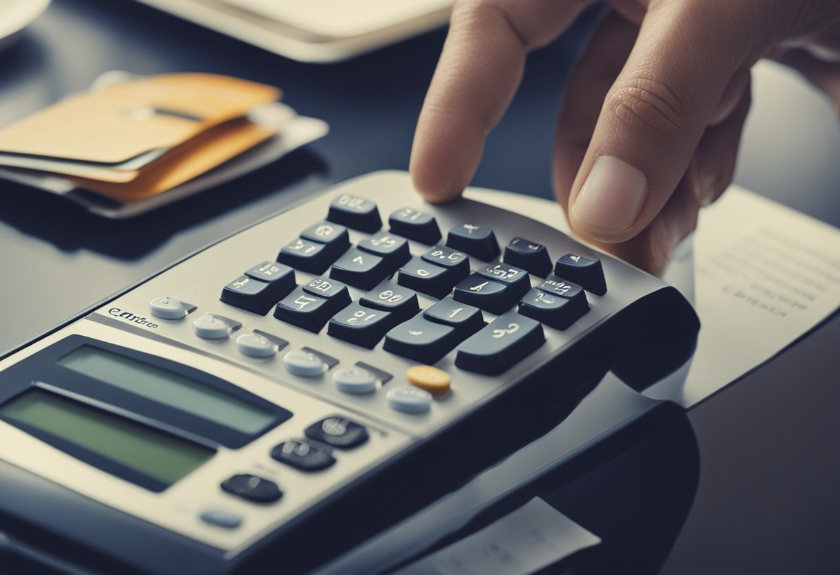 Uma pessoa usando uma calculadora para calcular o limite de crédito inicial em um cartão Carrefour