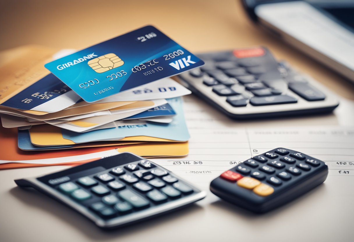 Um cartão de crédito com o logotipo do Girabank, cercado por documentos financeiros e uma calculadora