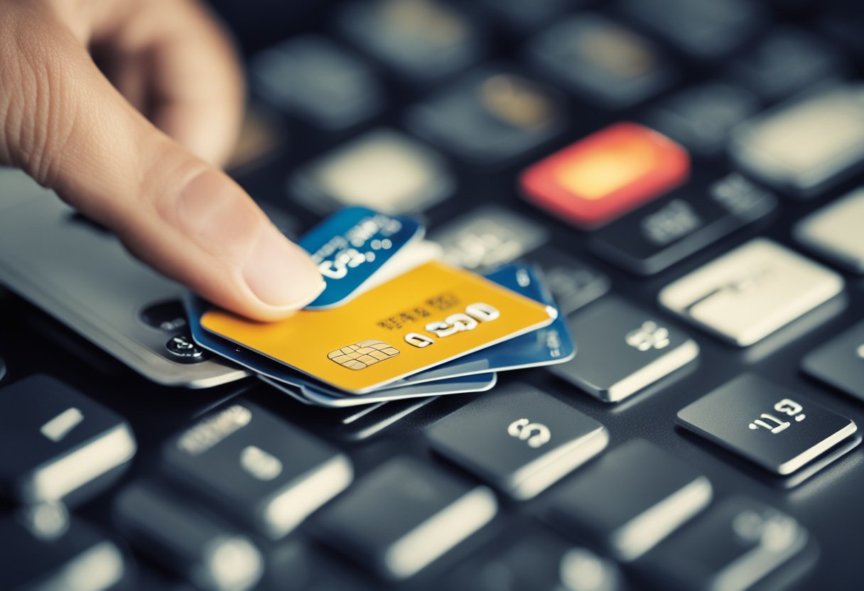 Uma mão se estendendo para um cartão de crédito com um sinal de 'limite' e uma calculadora exibindo o valor