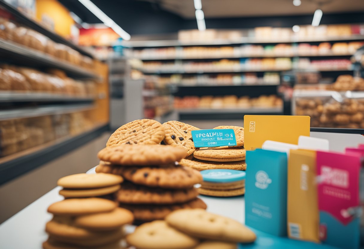 Um cartão vibrante do Le Biscuit cercado por itens de compras coloridos e um cliente feliz no balcão de atendimento.
