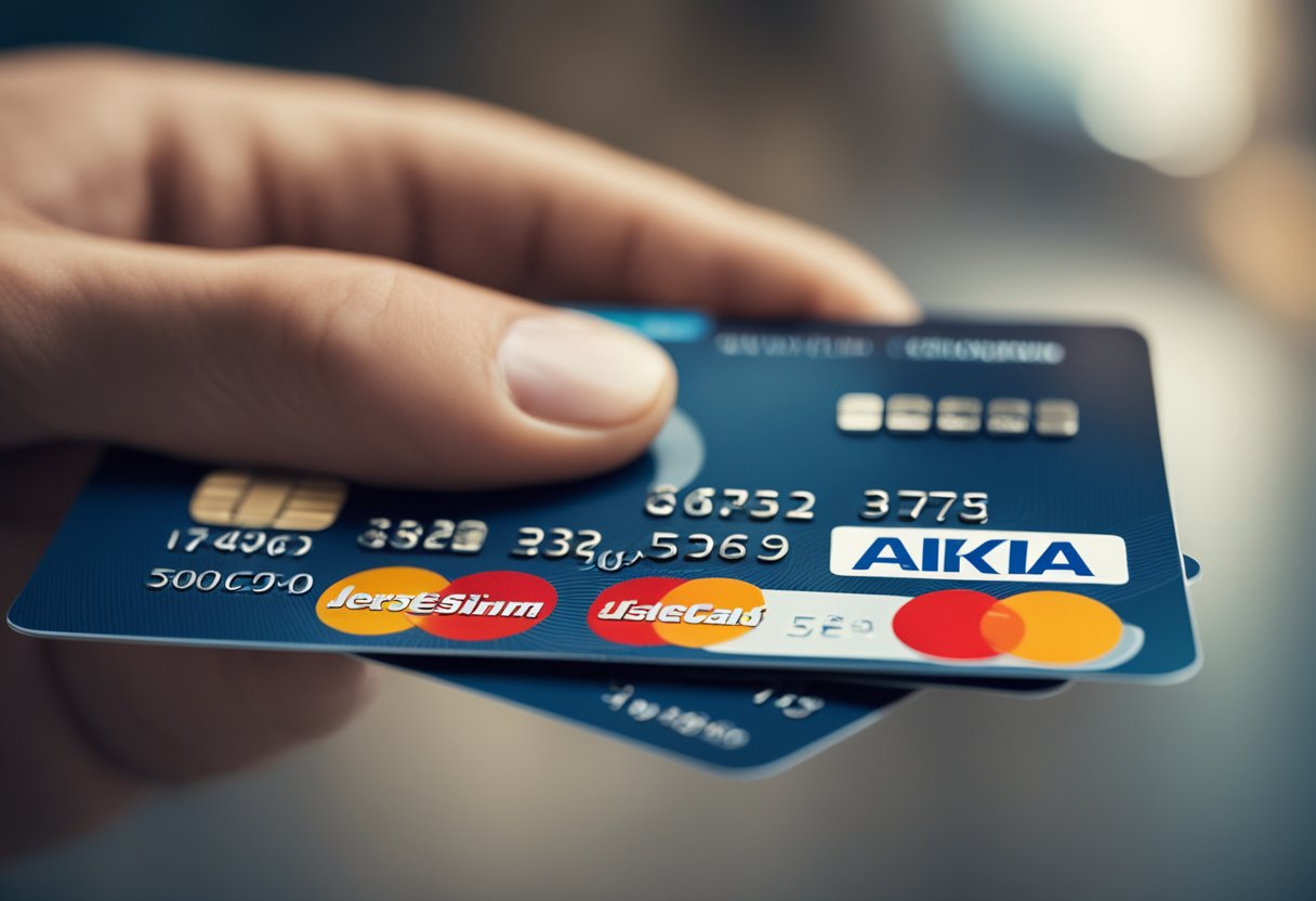 Uma mão reaching for um cartão de crédito Next com um limite mínimo, contra um fundo simples