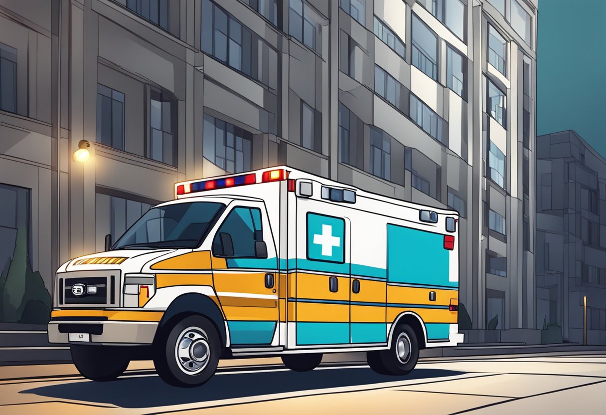 Uma ambulância particular estacionada do lado de fora de um prédio com suas luzes piscando