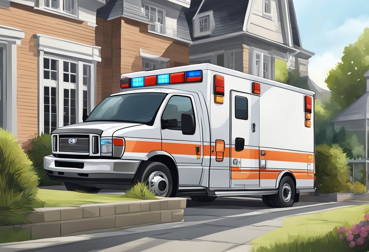 Uma ambulância estacionada do lado de fora de uma residência particular, com uma maca sendo carregada por paramédicos.
