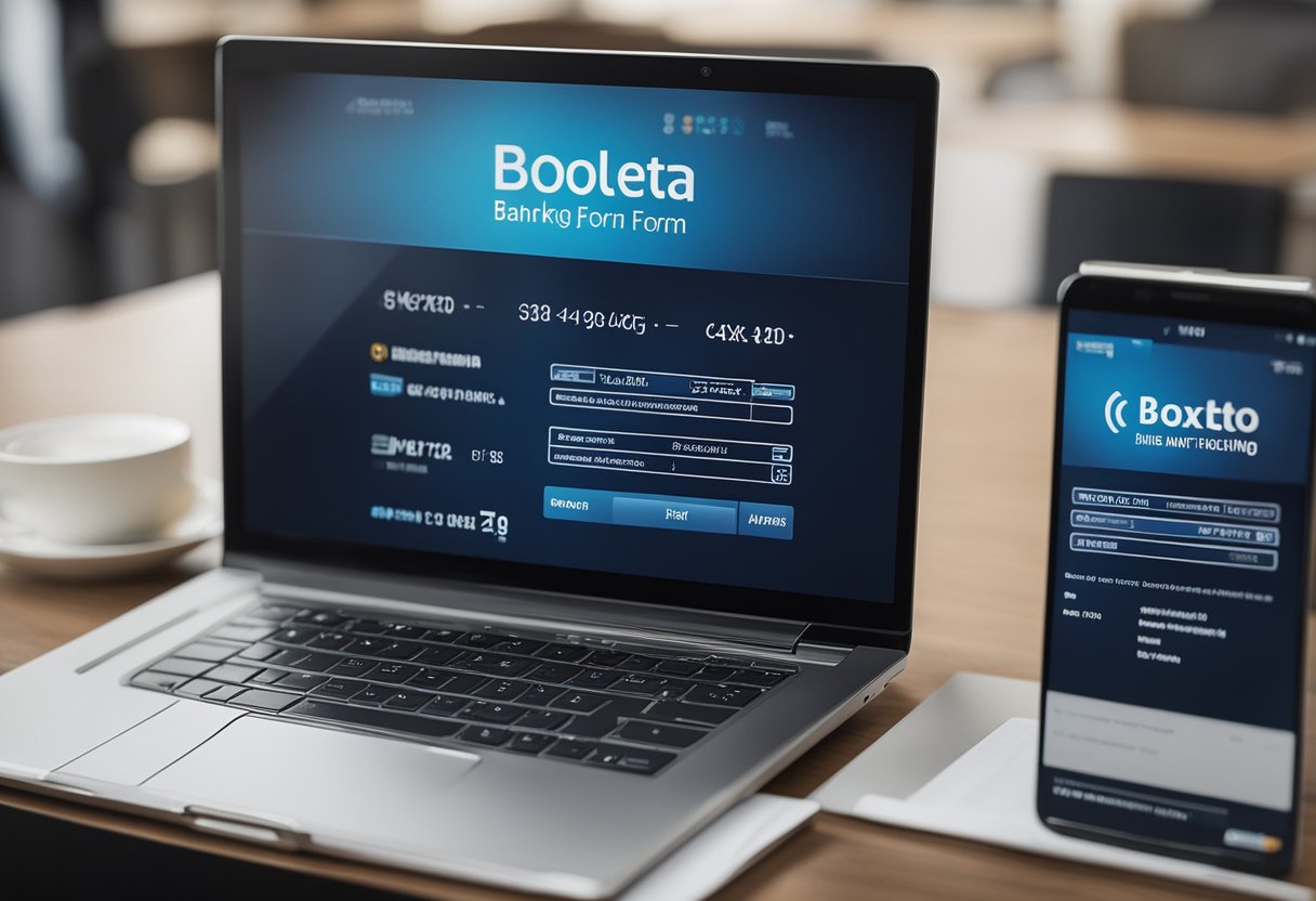 Uma tela de computador exibindo a interface de internet banking com um formulário de pagamento de boleto e o logo da Caixa