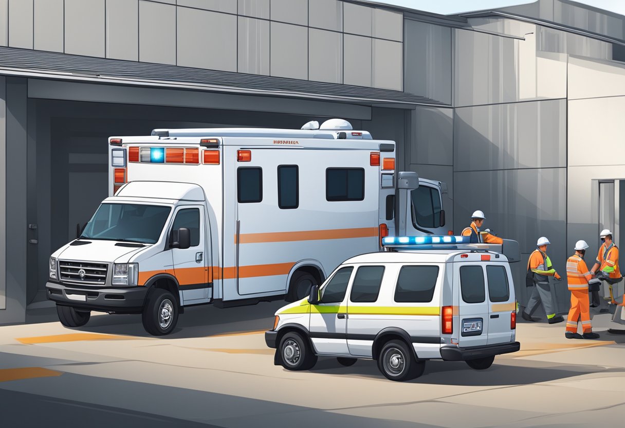 Uma ambulância estacionada do lado de fora de uma empresa de remoção especializada, com trabalhadores carregando equipamentos médicos em um veículo particular.