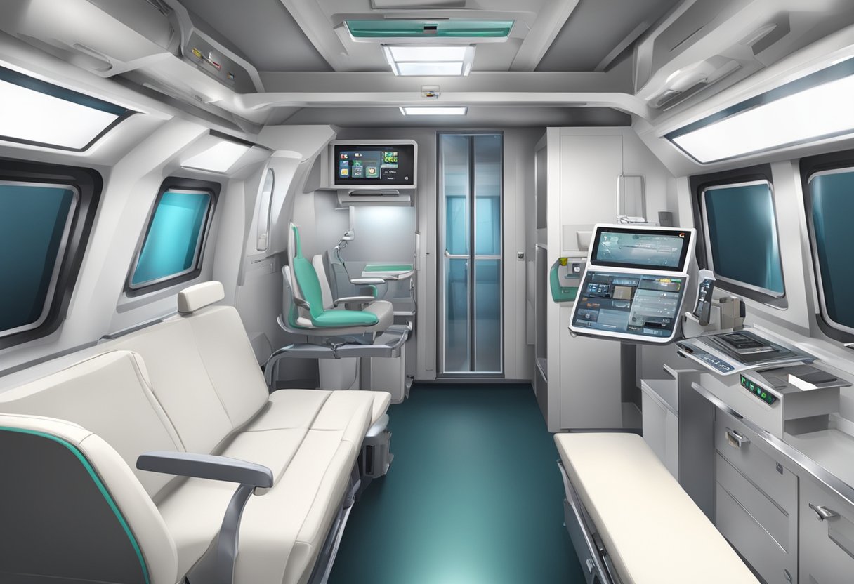 Um interior de ambulância com equipamentos médicos avançados e tecnologia para transporte privado de pacientes