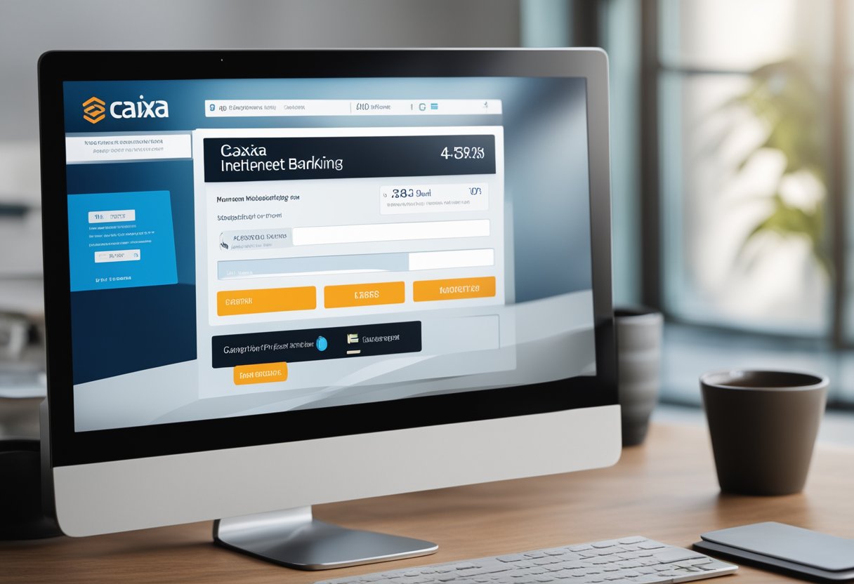 Uma tela de computador exibindo a página inicial do internet banking da Caixa com um formulário de pagamento de boleto e uma notificação de limite