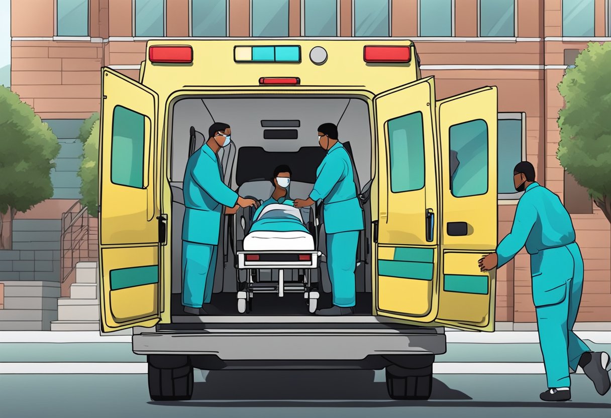 Profissionais de saúde carregando paciente em ambulância privada