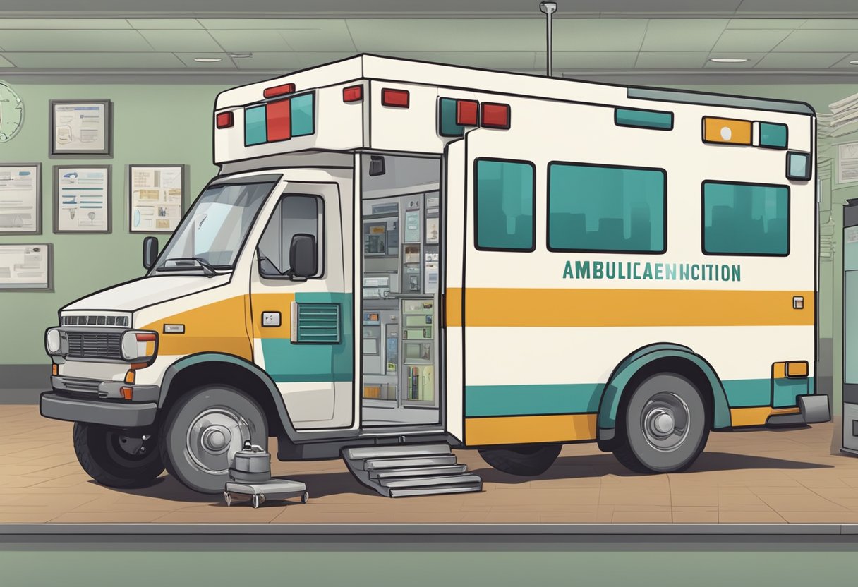 Uma ambulância estacionada do lado de fora de um hospital vintage, cercada por equipamentos médicos antigos e uma linha do tempo da evolução das ambulâncias exibida na parede.