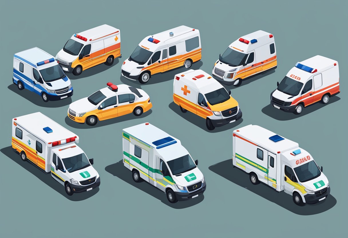 Uma frota de diferentes tipos de ambulâncias estacionadas do lado de fora de várias empresas de ambulância