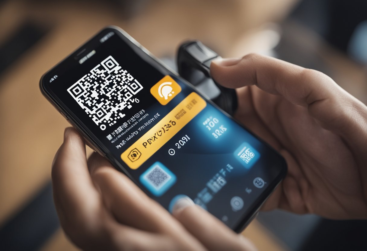 Uma pessoa usando um smartphone para escanear um código QR para um pagamento, com um display digital mostrando o valor da transação e a palavra "PIX".