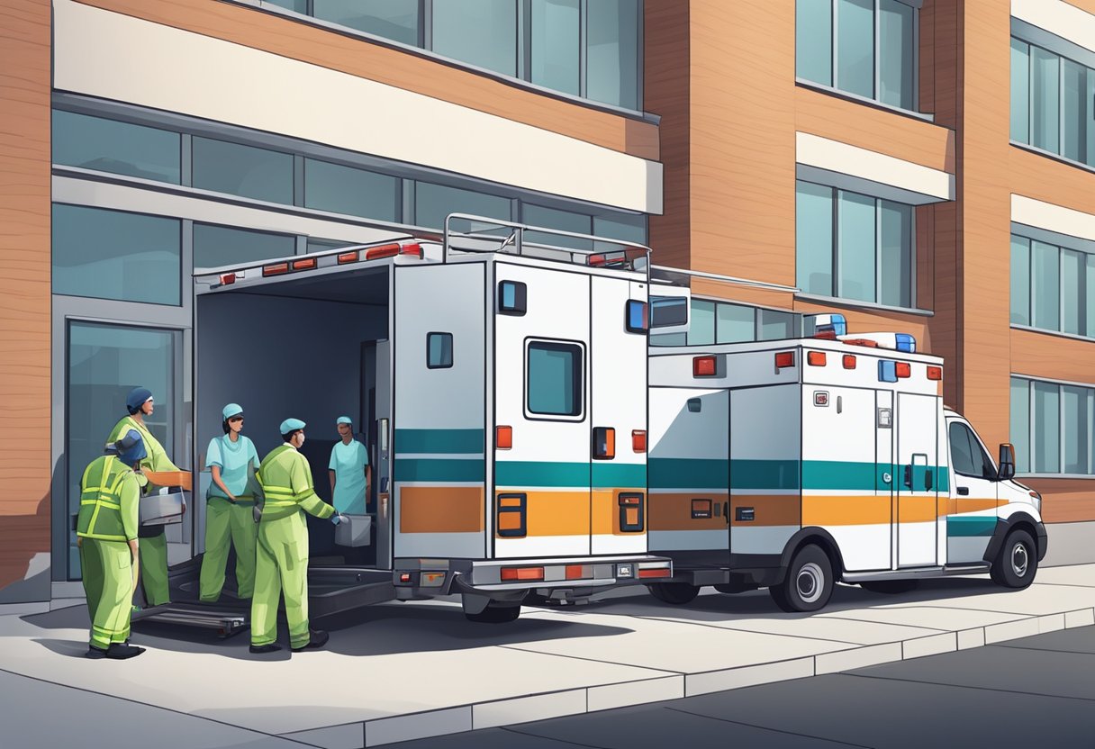 Uma ambulância estacionada do lado de fora de um hospital com uma equipe médica descarregando equipamentos