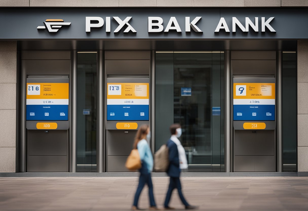 Uma pessoa em pé na frente de um banco com uma placa exibindo os valores limites para transações PIX através do banco Caixa