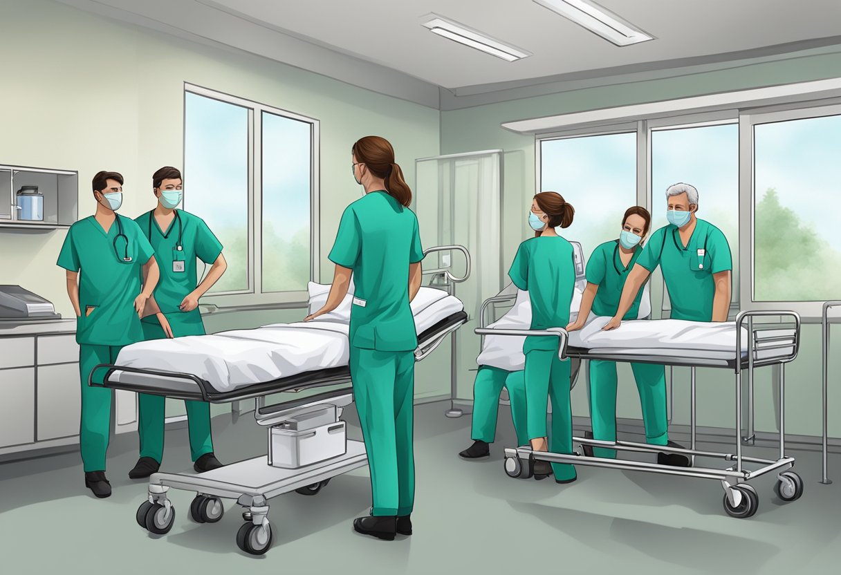 Uma equipe médica treinando com a equipe de ambulância em um ambiente hospitalar