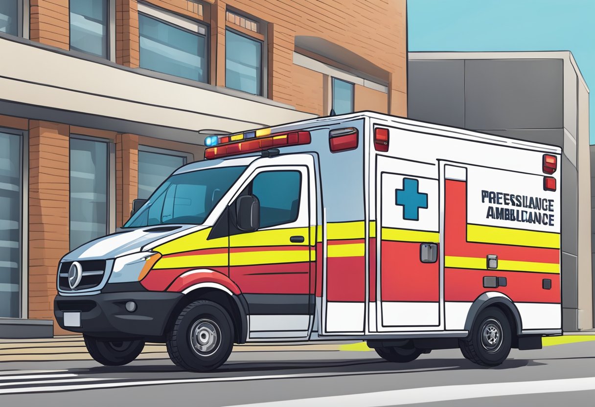 Uma ambulância estacionada do lado de fora de uma instalação segura, com um segurança verificando a identificação antes de permitir a entrada.