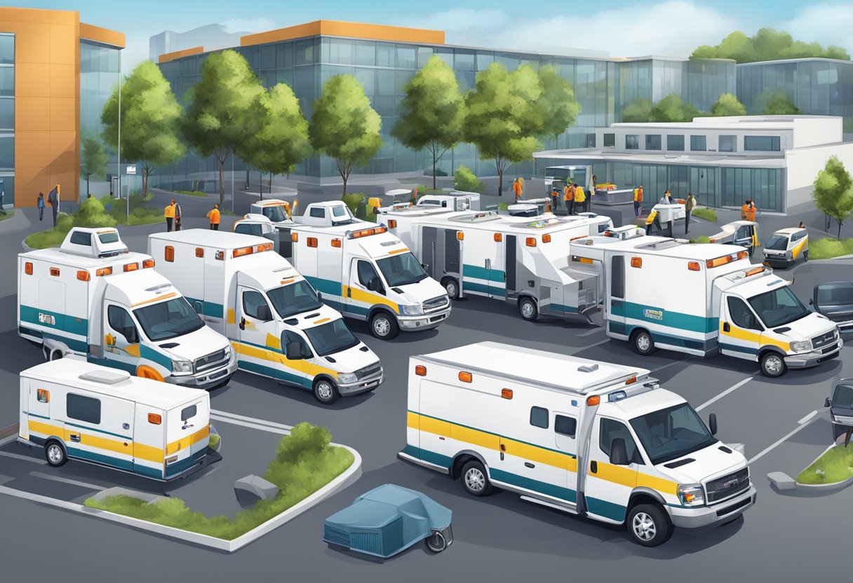 Uma frota de ambulâncias estacionadas em frente à sede de uma empresa, com mecânicos e funcionários inspecionando e mantendo os veículos.