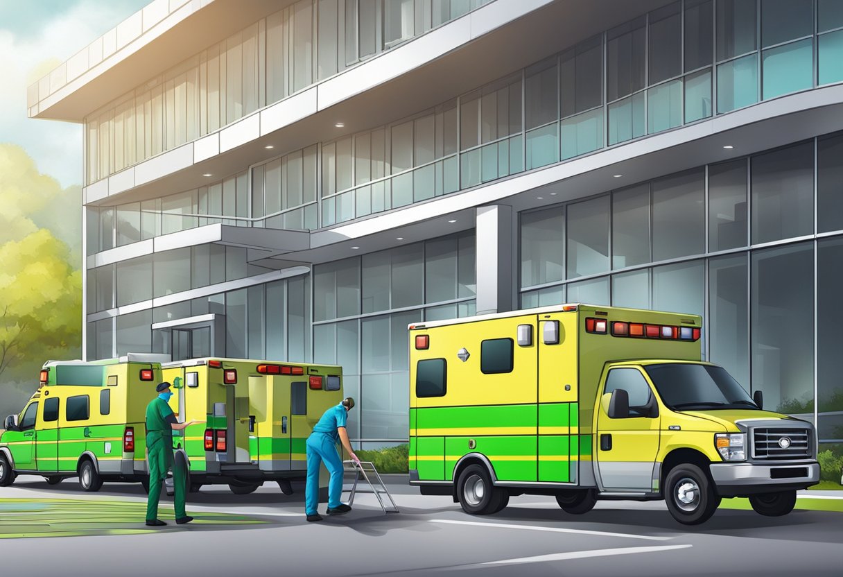 Uma ambulância estacionada do lado de fora de um prédio de empresa, com paramédicos descarregando equipamentos médicos