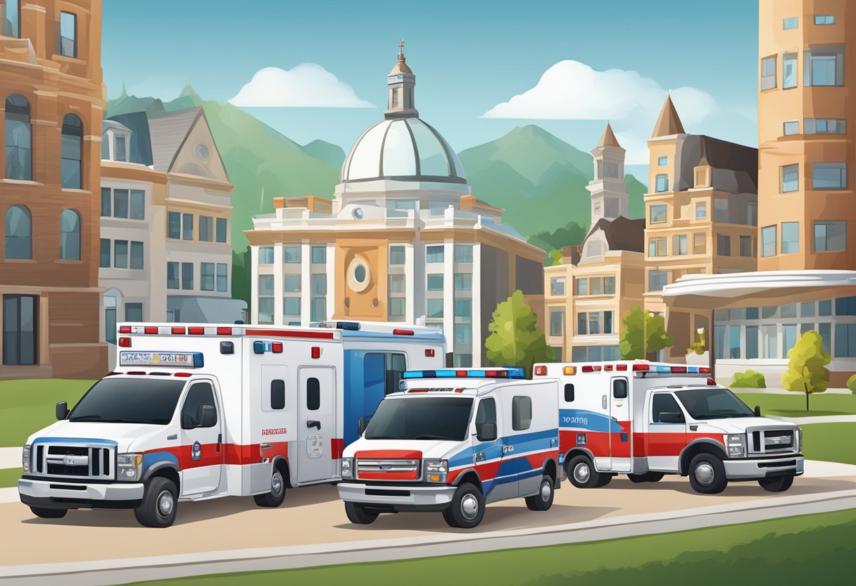 Uma empresa regional de ambulâncias com serviço localizado, apresentando ambulâncias estacionadas em frente a vários marcos locais.