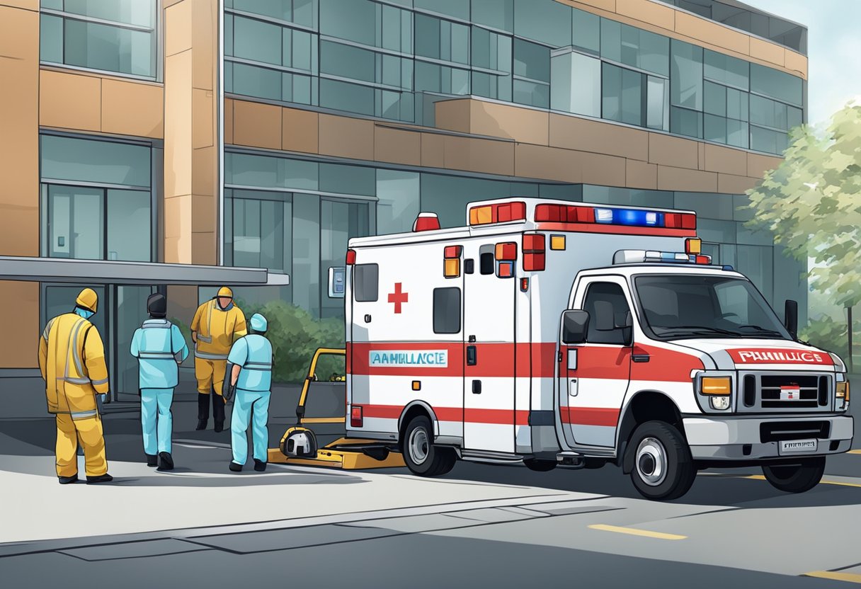 Uma ambulância estacionada em frente a um hospital, com paramédicos descarregando equipamentos médicos e seguindo as normas de segurança.