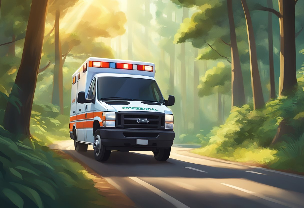 Uma ambulância particular apressando-se por uma floresta exuberante, com a luz do sol filtrando-se através das árvores e uma estrada sinuosa à frente