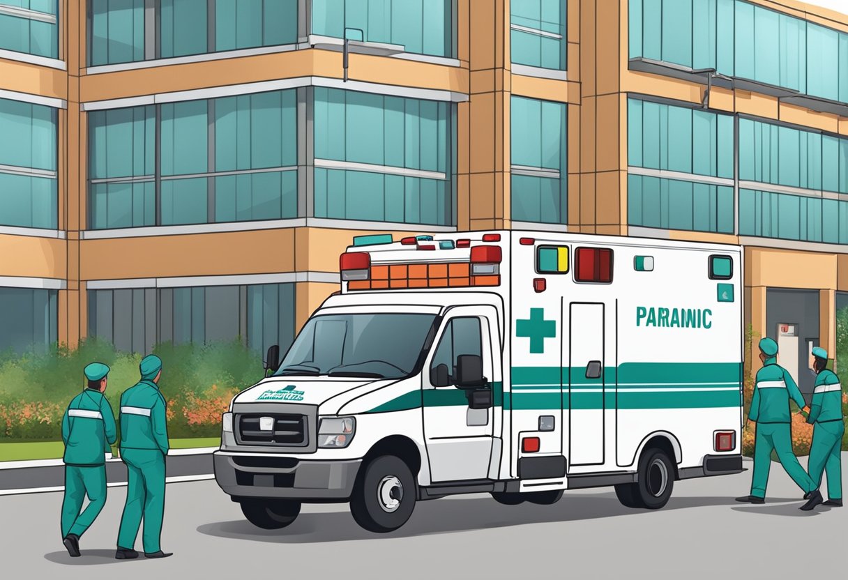 Uma ambulância particular estacionada do lado de fora de um hospital, com paramédicos descarregando equipamentos médicos.