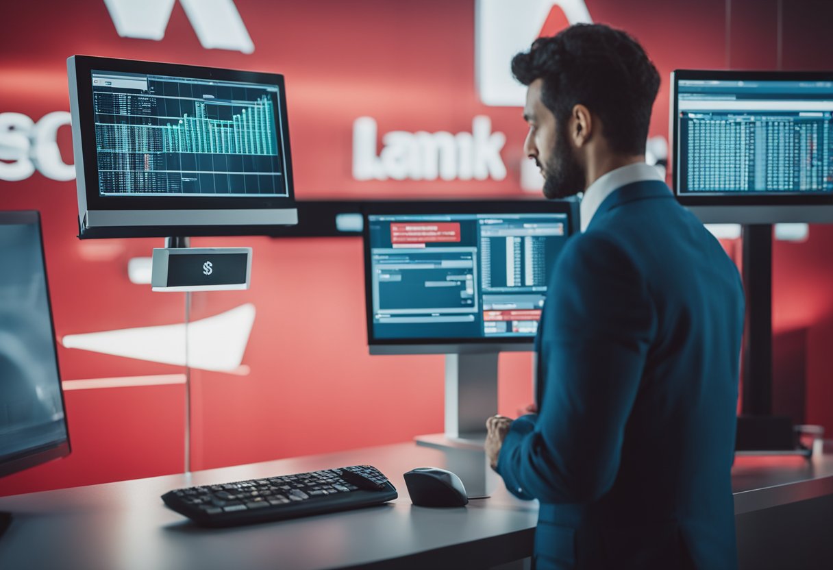 Uma pessoa em pé na frente de uma tela de computador, transferindo dinheiro online de uma conta do banco Santander.