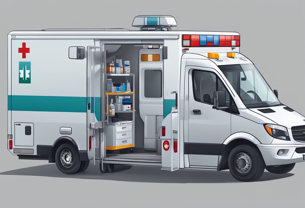 Uma ambulância particular estacionada com equipamentos médicos e recursos visíveis dentro
