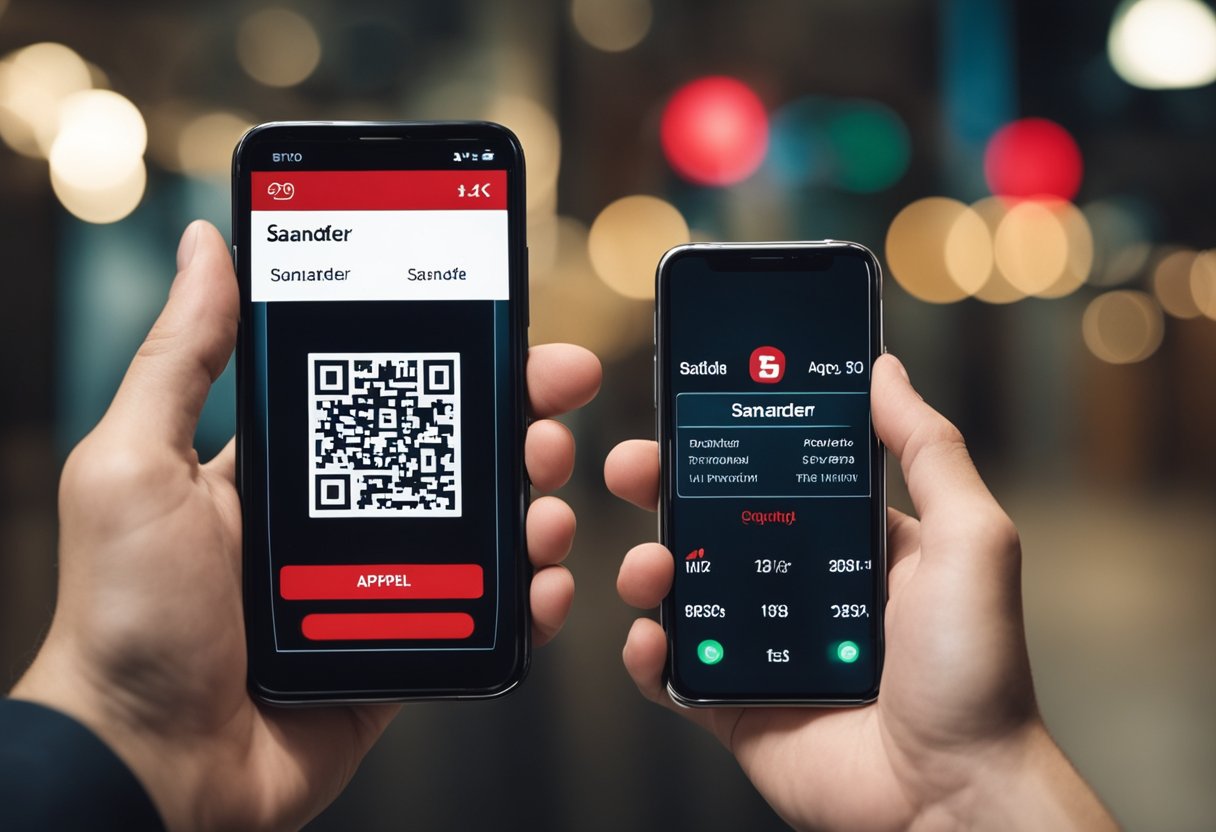 Uma mão segurando um smartphone com um aplicativo bancário aberto, mostrando uma tela de limite de transferência com o logo do Santander.