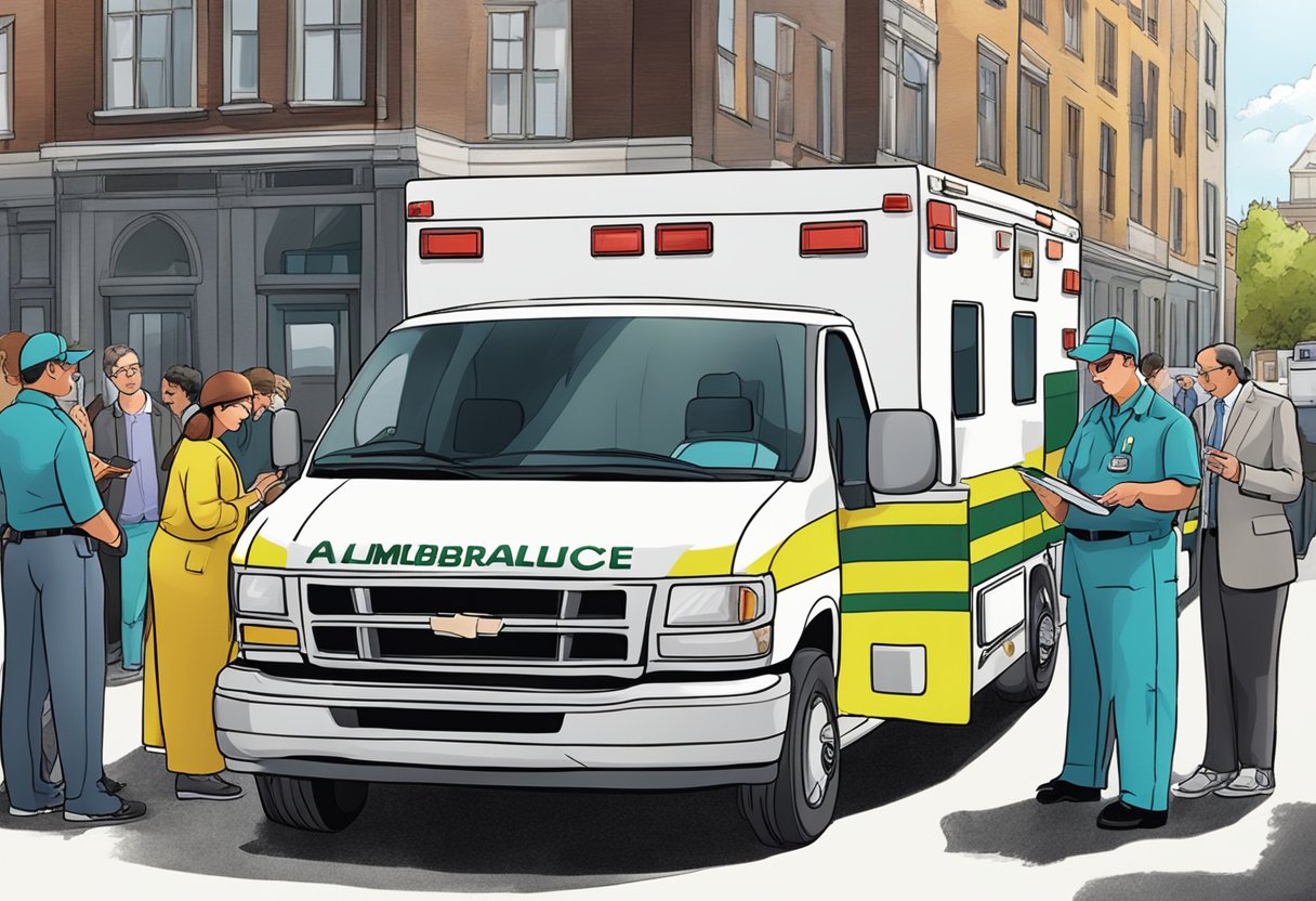 Um grupo de pessoas assinando documentos ao lado de uma ambulância particular