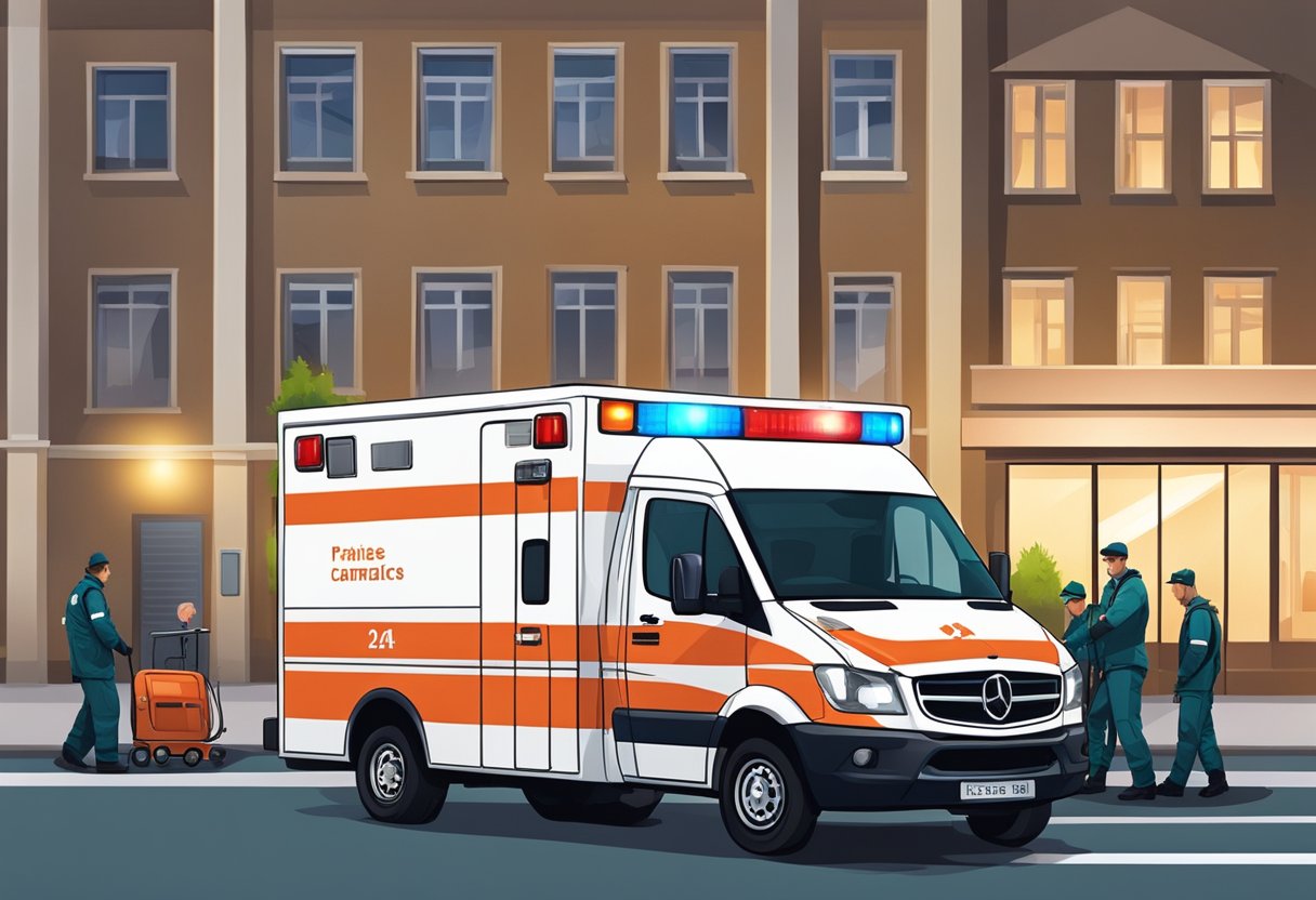 Uma ambulância particular estacionada do lado de fora de um prédio, com as luzes piscando e os paramédicos se preparando para transportar um paciente.